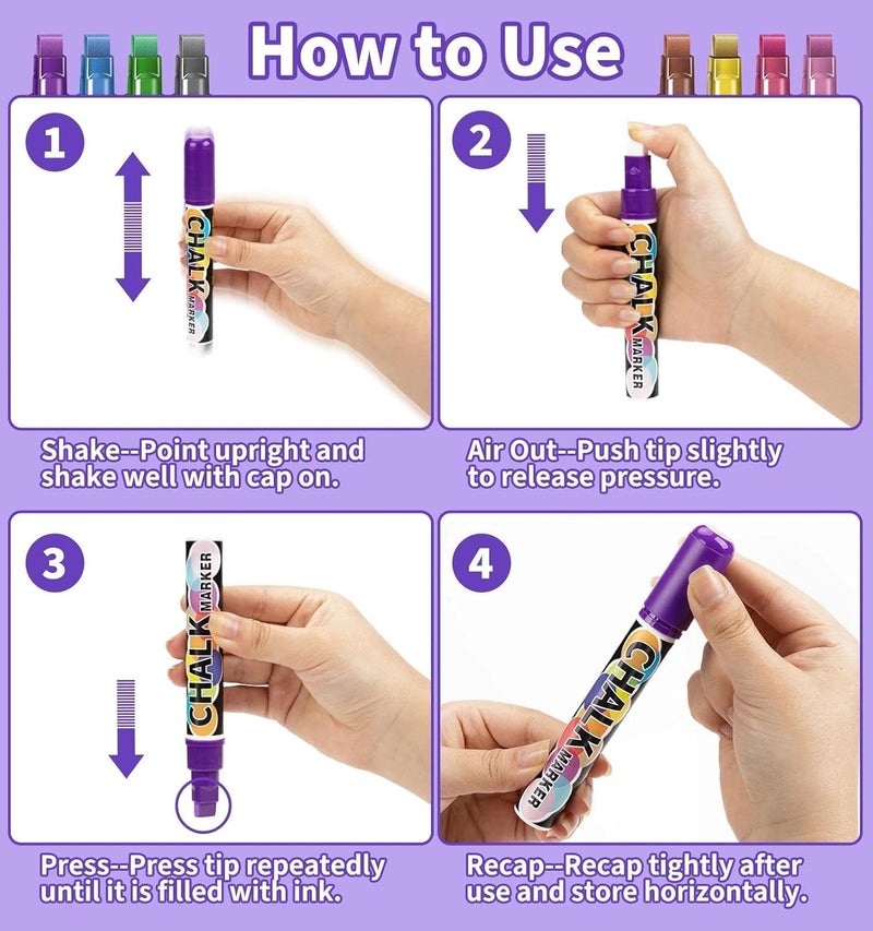 Joyask Liquid Chalk Markers for Blackboard, 12 Colors Washable Window Markers, 10mm 3-in-1 Jumbo Wide Tip, Dry Erase Marker Pens for Chalkboard, Car Window Paint Pens for Christmas Glass Mirror Decoration - Image 4